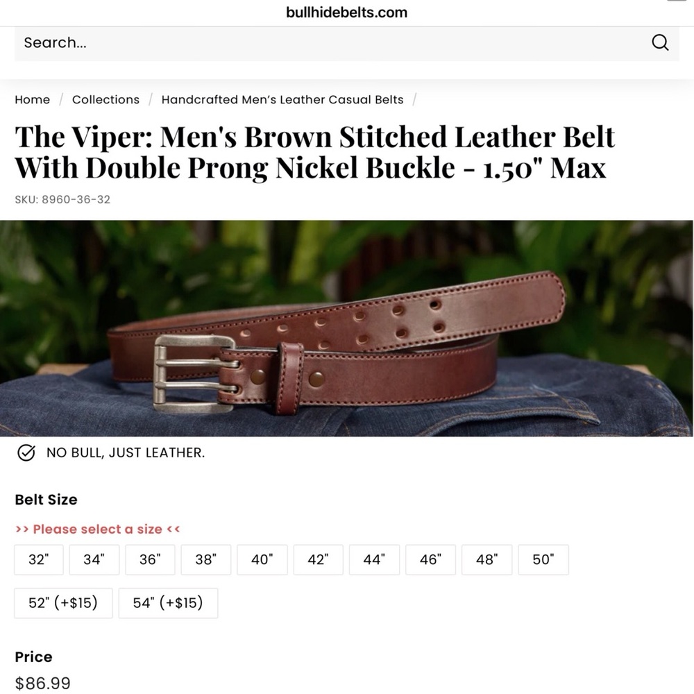 BULLHIDE BELTS Top Grain Double Stitched Double Hook Thick Leather Belt